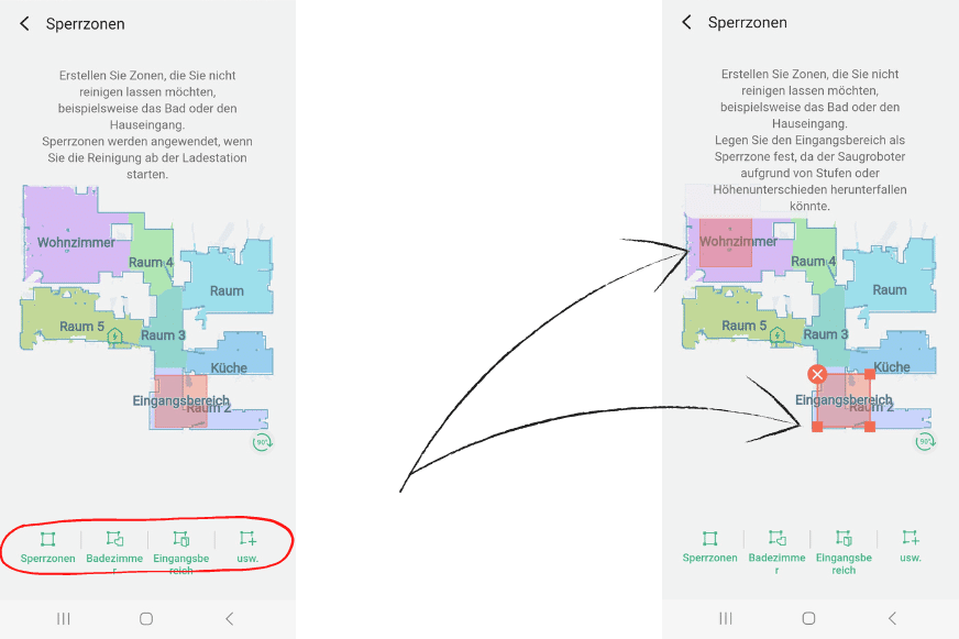 Sperrzonen werden in der SmartThings App des Samsung Jet Bot AI+ festgelegt.